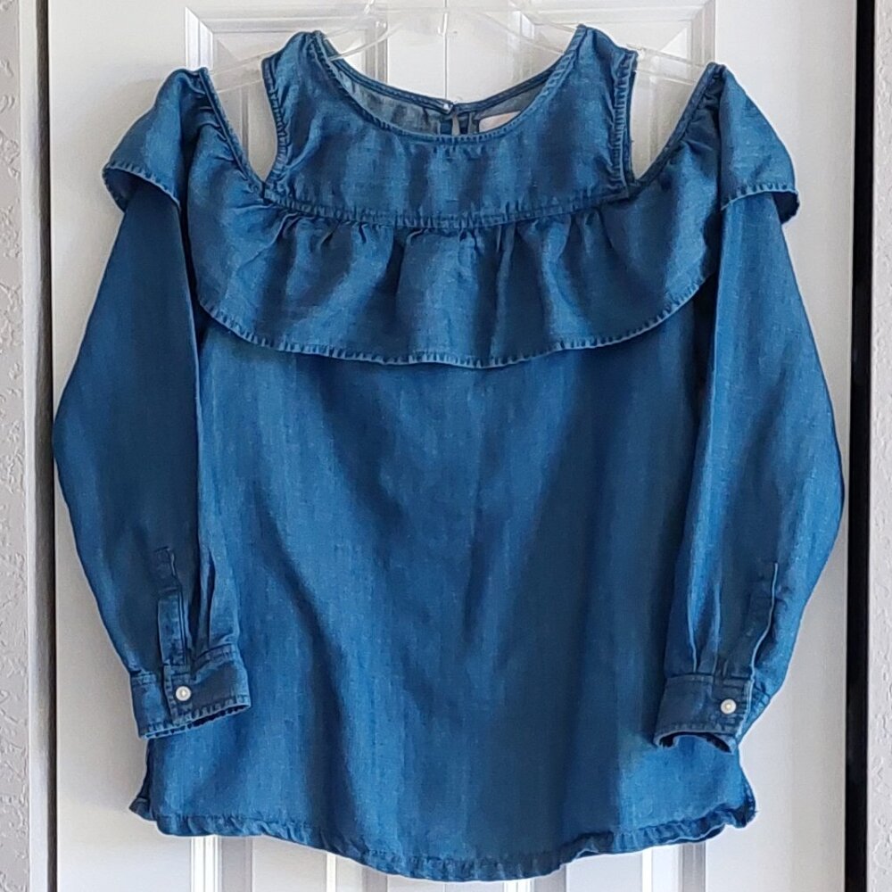 Loft Cold Shoulder Blue Linen Blend Blouse Women's Size SP